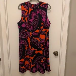 patterned, high-neckline sleeveless dress